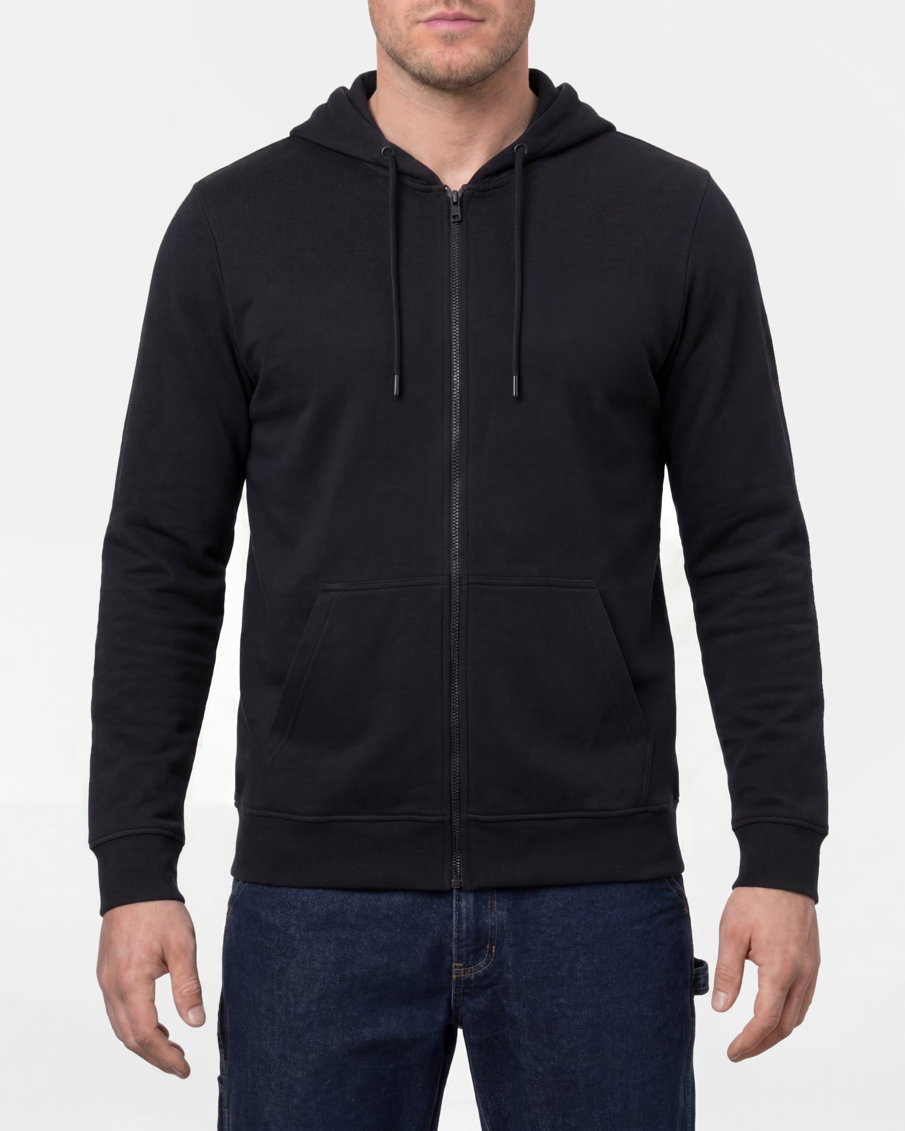 STRAUSS e.s.iconic full-zip hoodie in black, worn by model, front view