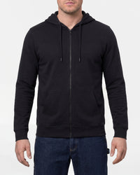STRAUSS e.s.iconic full-zip hoodie in black, worn by model, front view