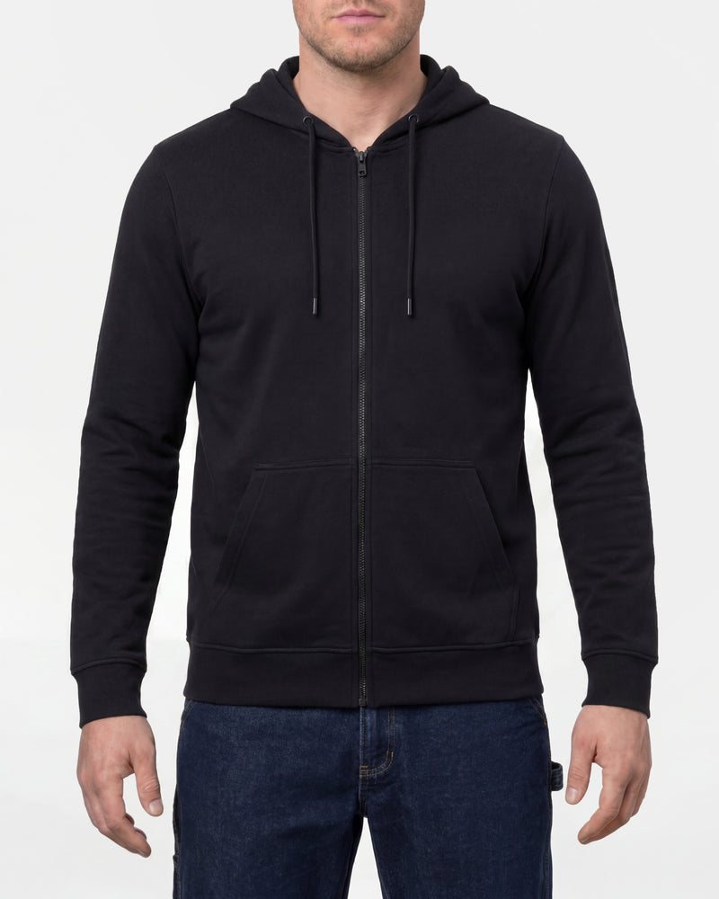 STRAUSS e.s.iconic full-zip hoodie in black, worn by model, front view