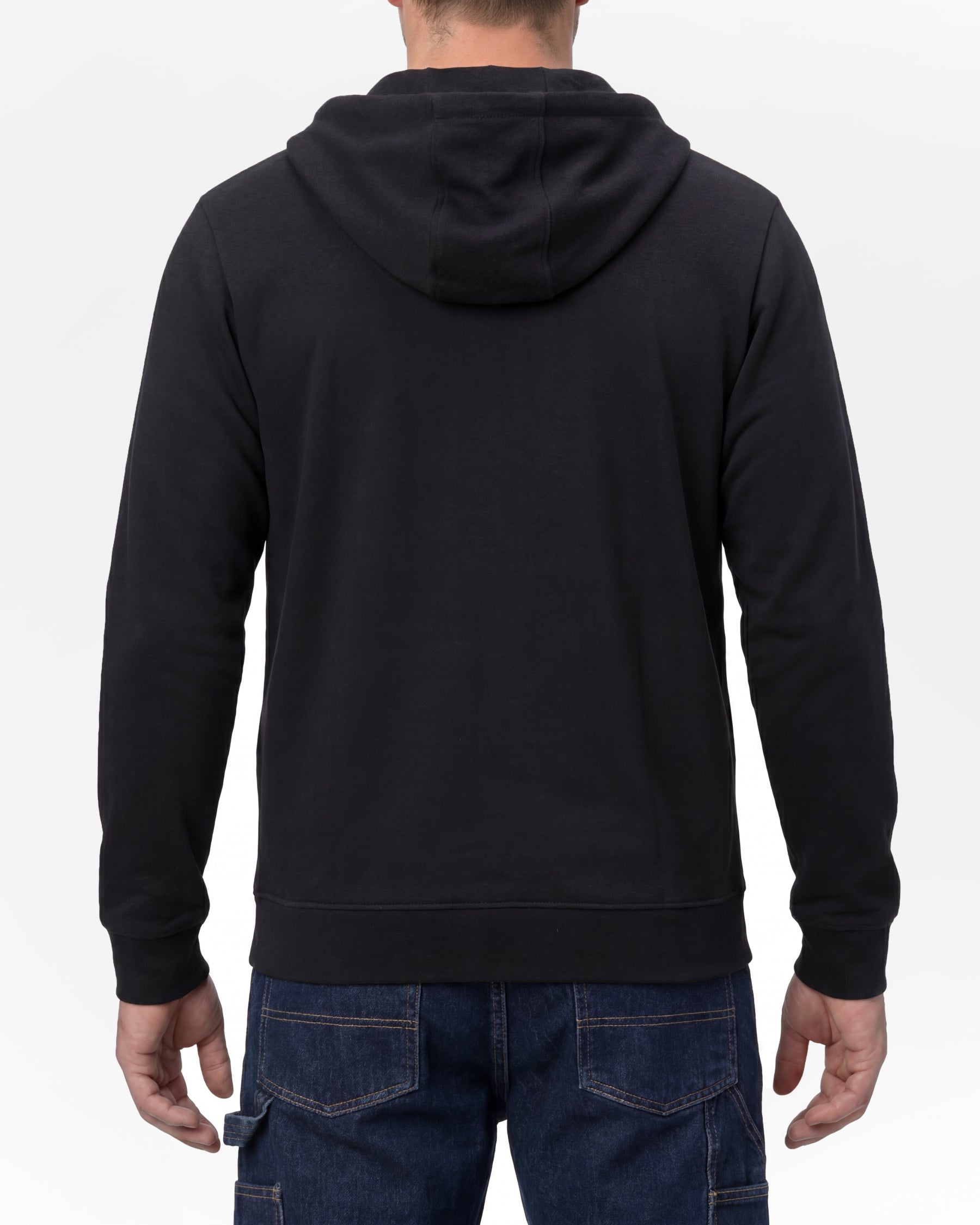 STRAUSS e.s.iconic full-zip hoodie in black, worn by model, back view