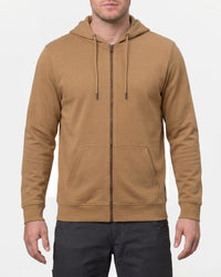 STRAUSS e.s.iconic full-zip hoodie in almond brown, worn by model, front view