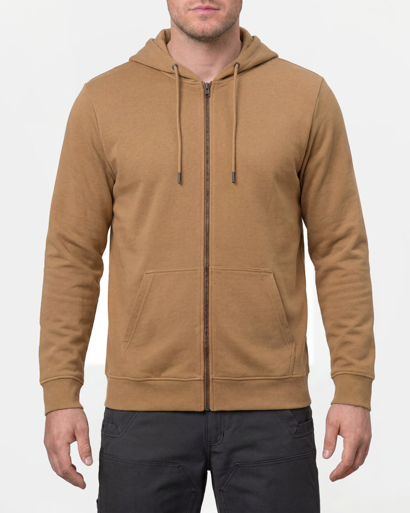 STRAUSS e.s.iconic full-zip hoodie in almond brown, worn by model, front view