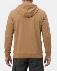 STRAUSS e.s.iconic full-zip hoodie in almond brown, worn by model, back view