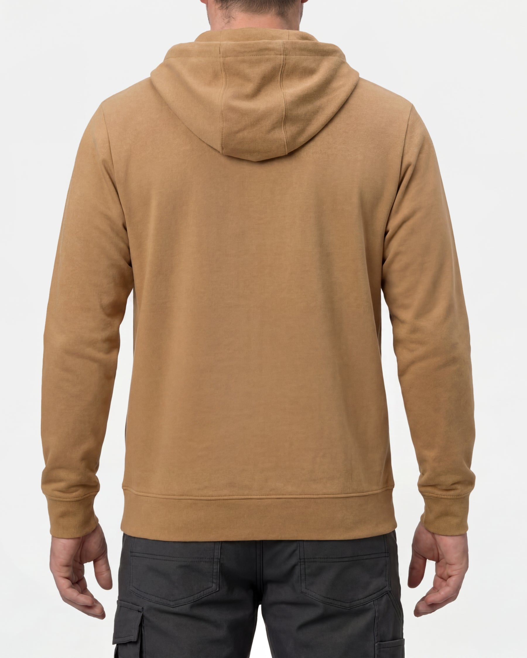 STRAUSS e.s.iconic full-zip hoodie in almond brown, worn by model, back view
