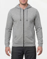 STRAUSS e.s.iconic full-zip hoodie in gray melange, worn by model, front view