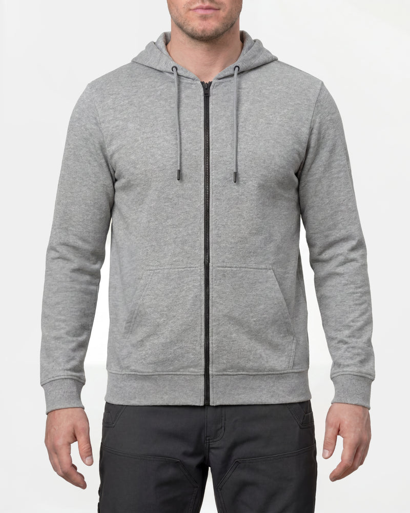 STRAUSS e.s.iconic full-zip hoodie in gray melange, worn by model, front view
