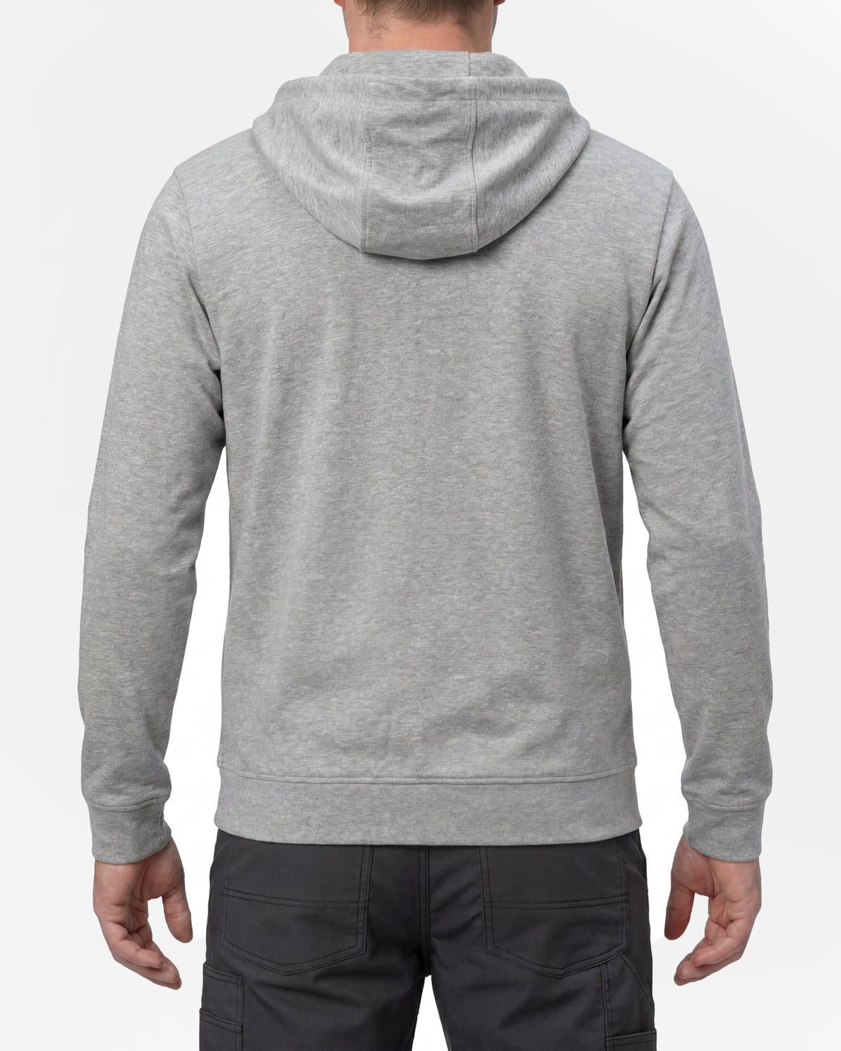 STRAUSS e.s.iconic full-zip hoodie in gray melange, worn by model, back view