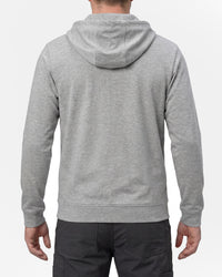 STRAUSS e.s.iconic full-zip hoodie in gray melange, worn by model, back view