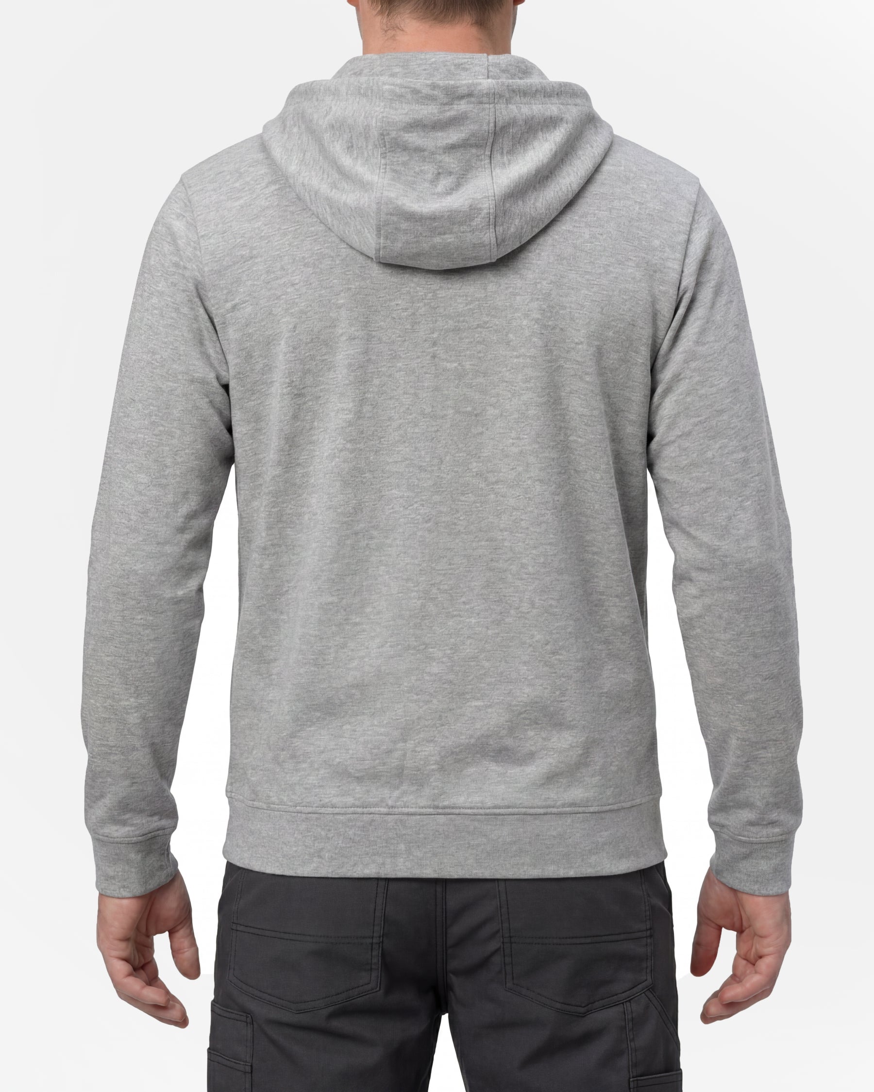 STRAUSS e.s.iconic full-zip hoodie in gray melange, worn by model, back view