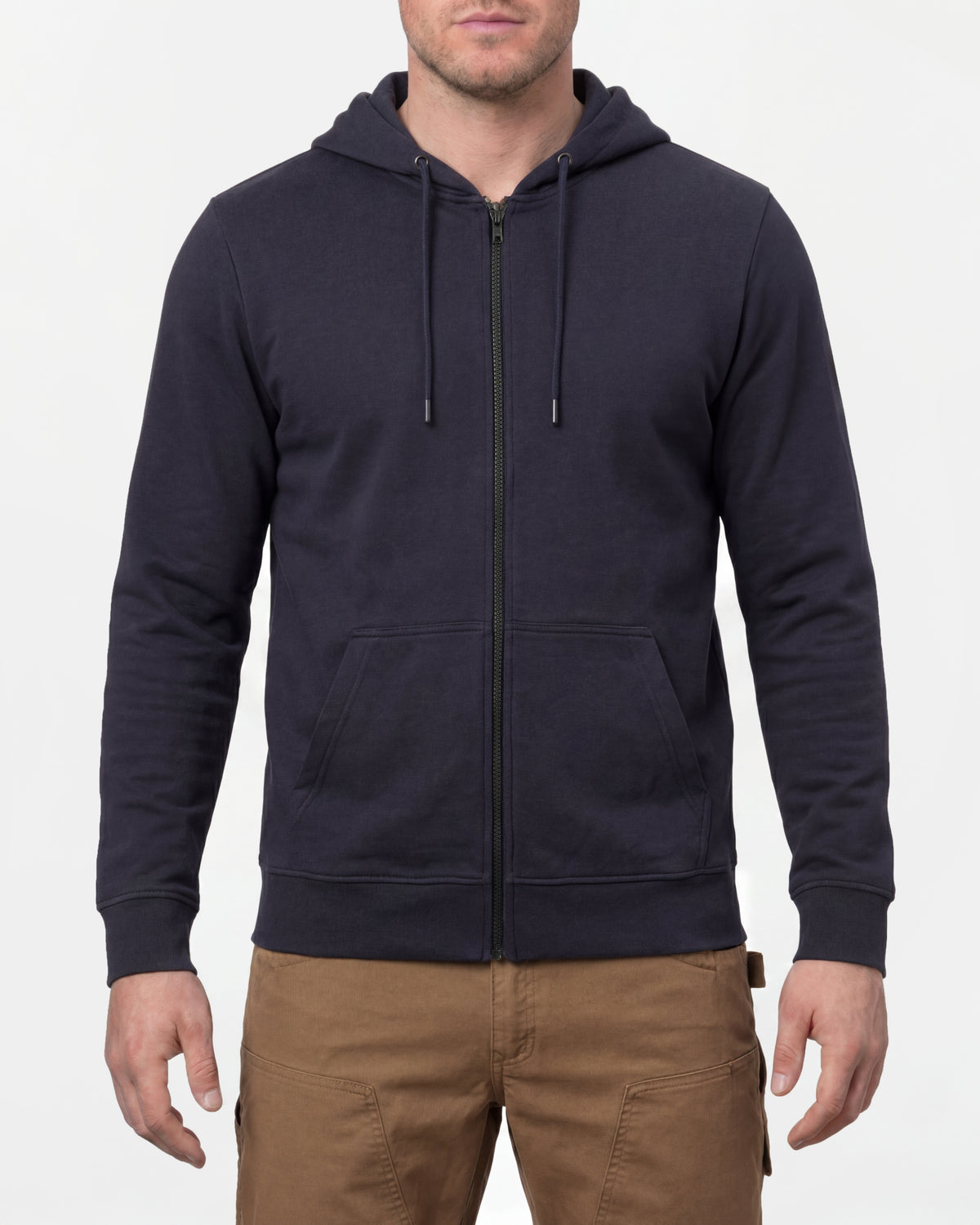 STRAUSS e.s.iconic full-zip hoodie in nero blue, worn by model, front view