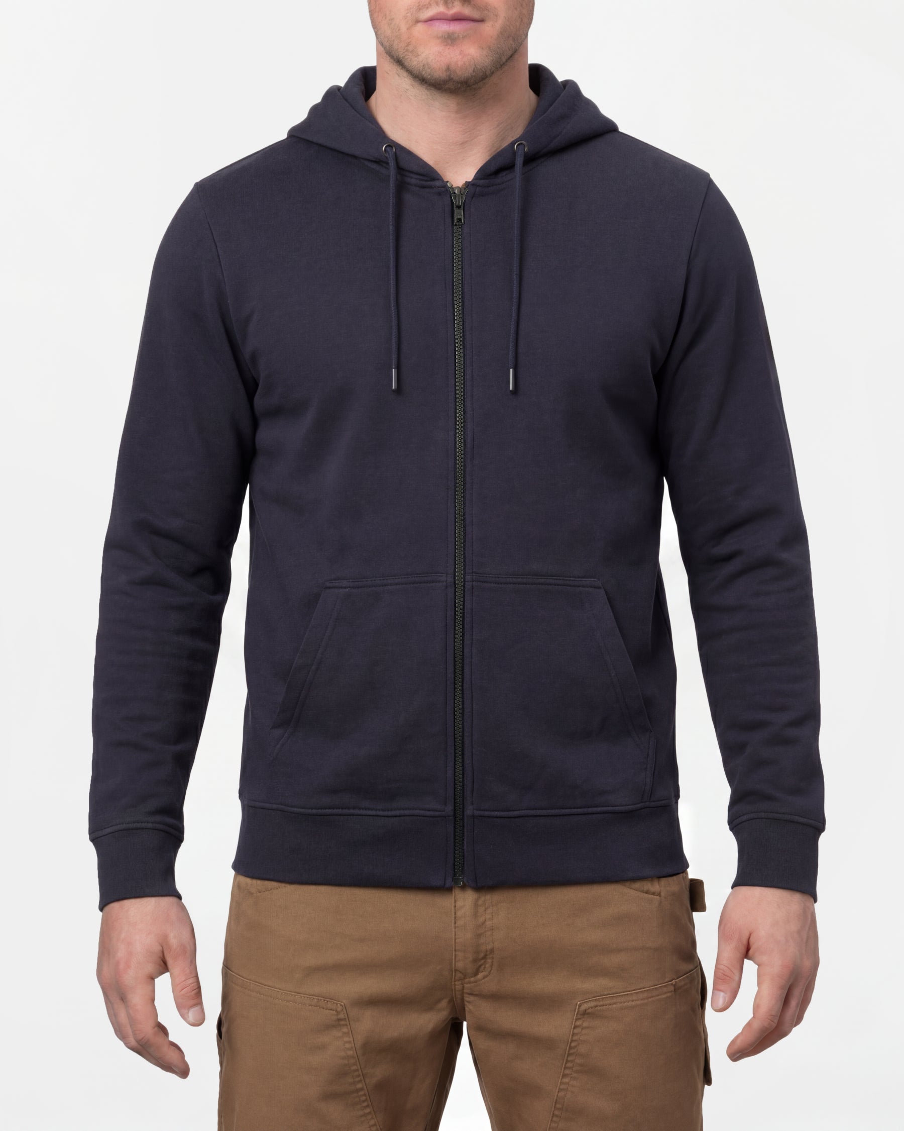 STRAUSS e.s.iconic full-zip hoodie in nero blue, worn by model, front view