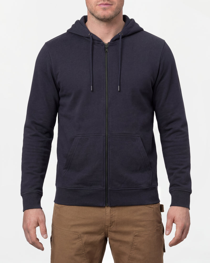 STRAUSS e.s.iconic full-zip hoodie in nero blue, worn by model, front view