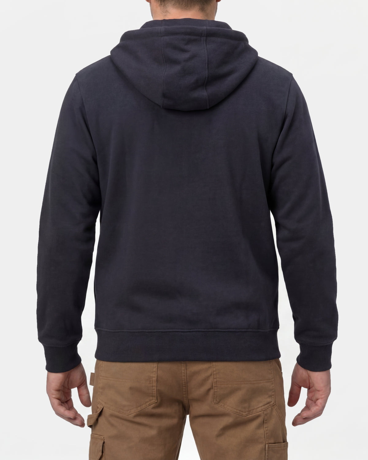 STRAUSS e.s.iconic full-zip hoodie in nero blue, worn by model, back view
