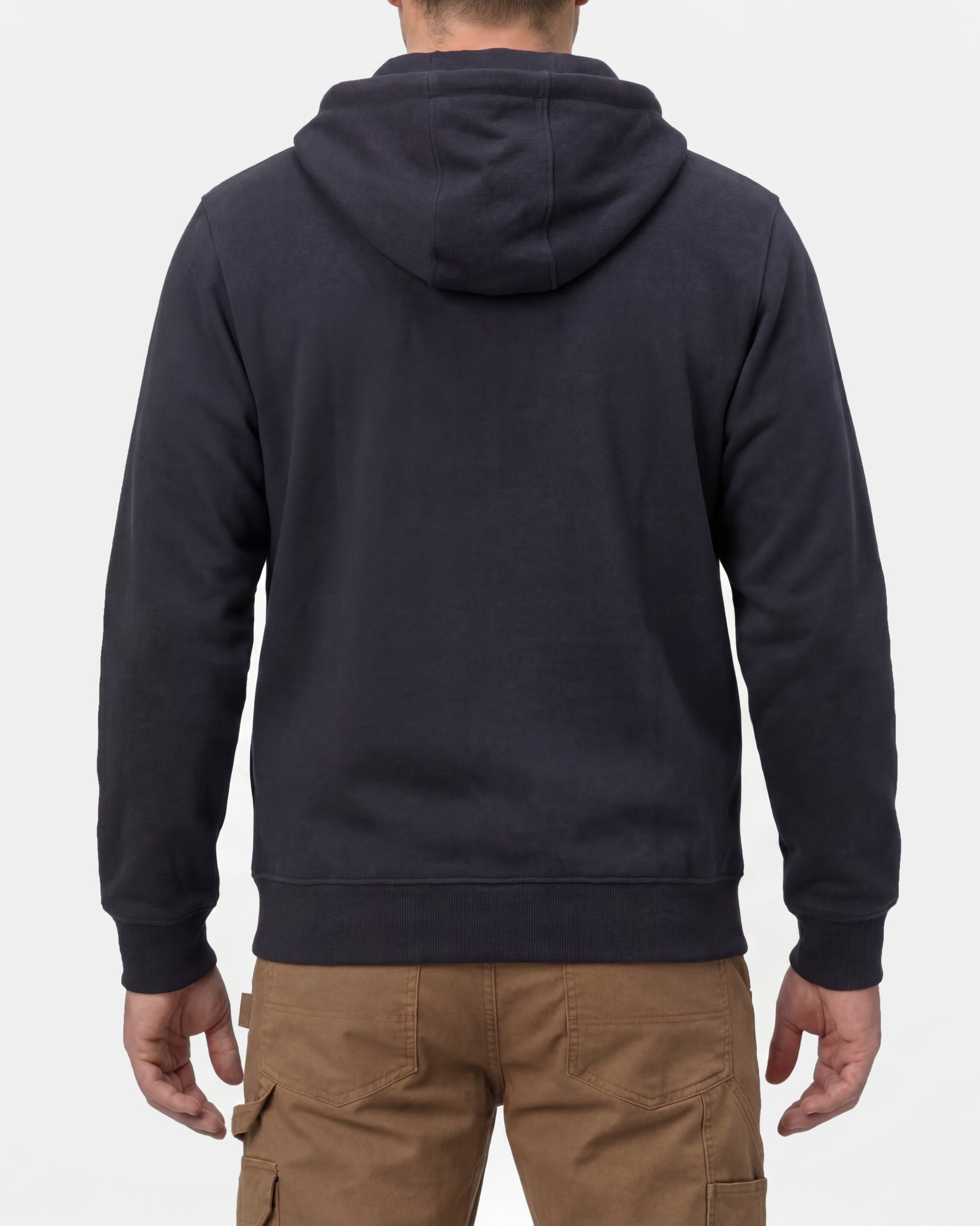 STRAUSS e.s.iconic full-zip hoodie in nero blue, worn by model, back view
