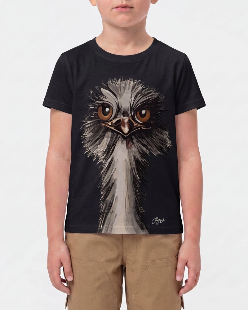 A child wears the Kids' STRAUSS Cotton Stretch T-Shirt in black with casual workwear pants in a studio product scene