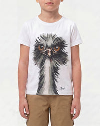 A child wears the Kids' STRAUSS Cotton Stretch T-Shirt in white with casual workwear pants in a studio product scene