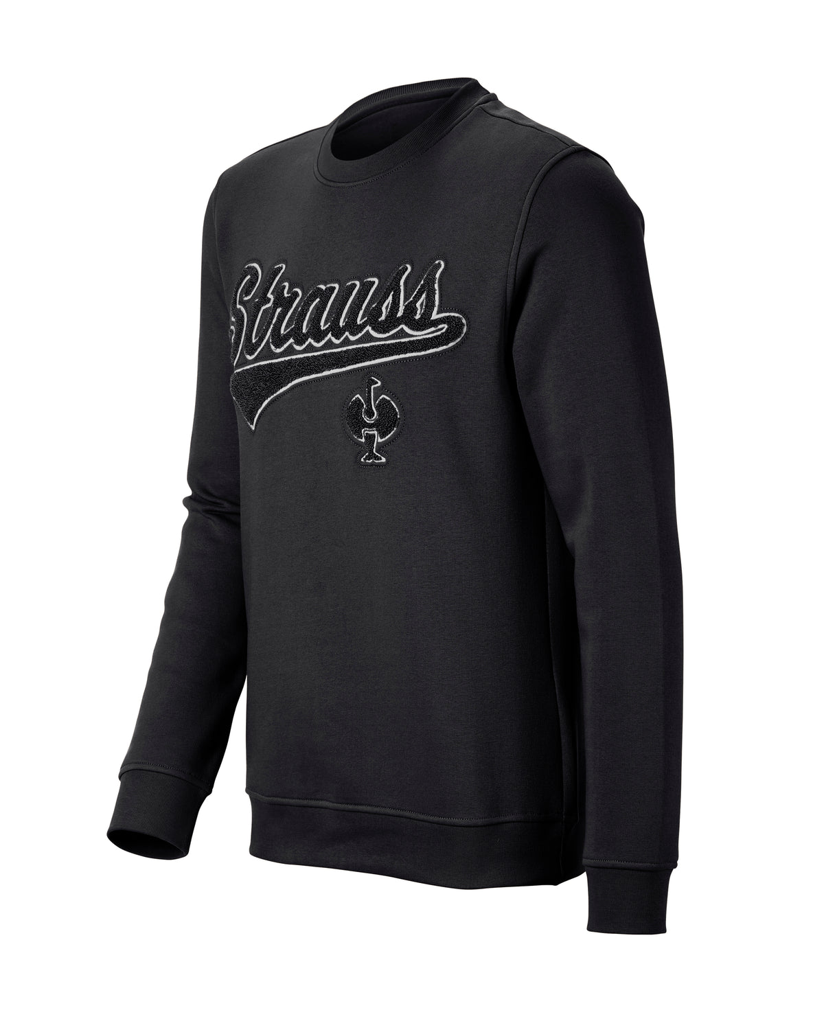 STRAUSS e.s.e:pic artwork crew neck sweatshirt in black, front view