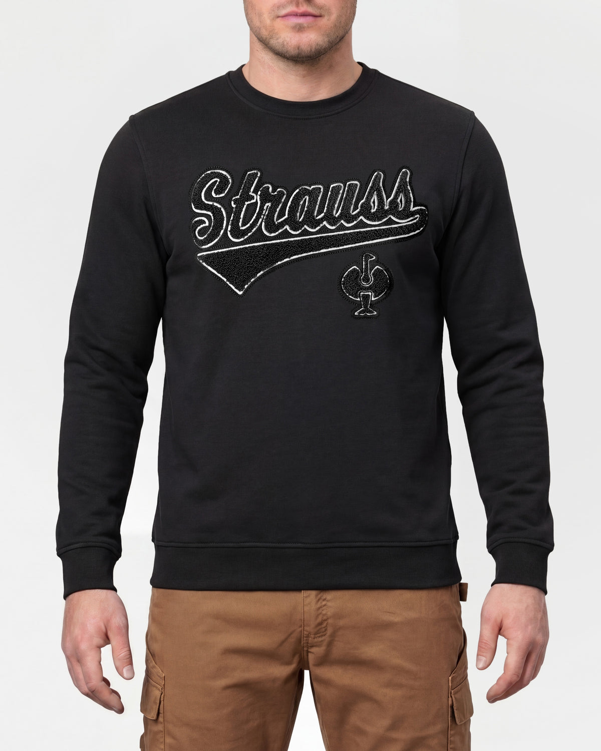 STRAUSS e.s.e:pic artwork crew neck sweatshirt in black, worn by model, front view