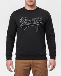 STRAUSS e.s.e:pic artwork crew neck sweatshirt in black, worn by model, front view