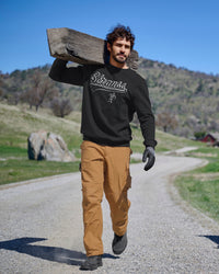 STRAUSS e.s.e:pic artwork crew neck sweatshirt in black, worn in workwear outfit