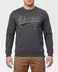 STRAUSS e.s.e:pic artwork crew neck sweatshirt in carbon gray, worn by model, front view