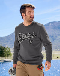STRAUSS e.s.e:pic artwork crew neck sweatshirt in carbon gray, worn in lifestyle setting