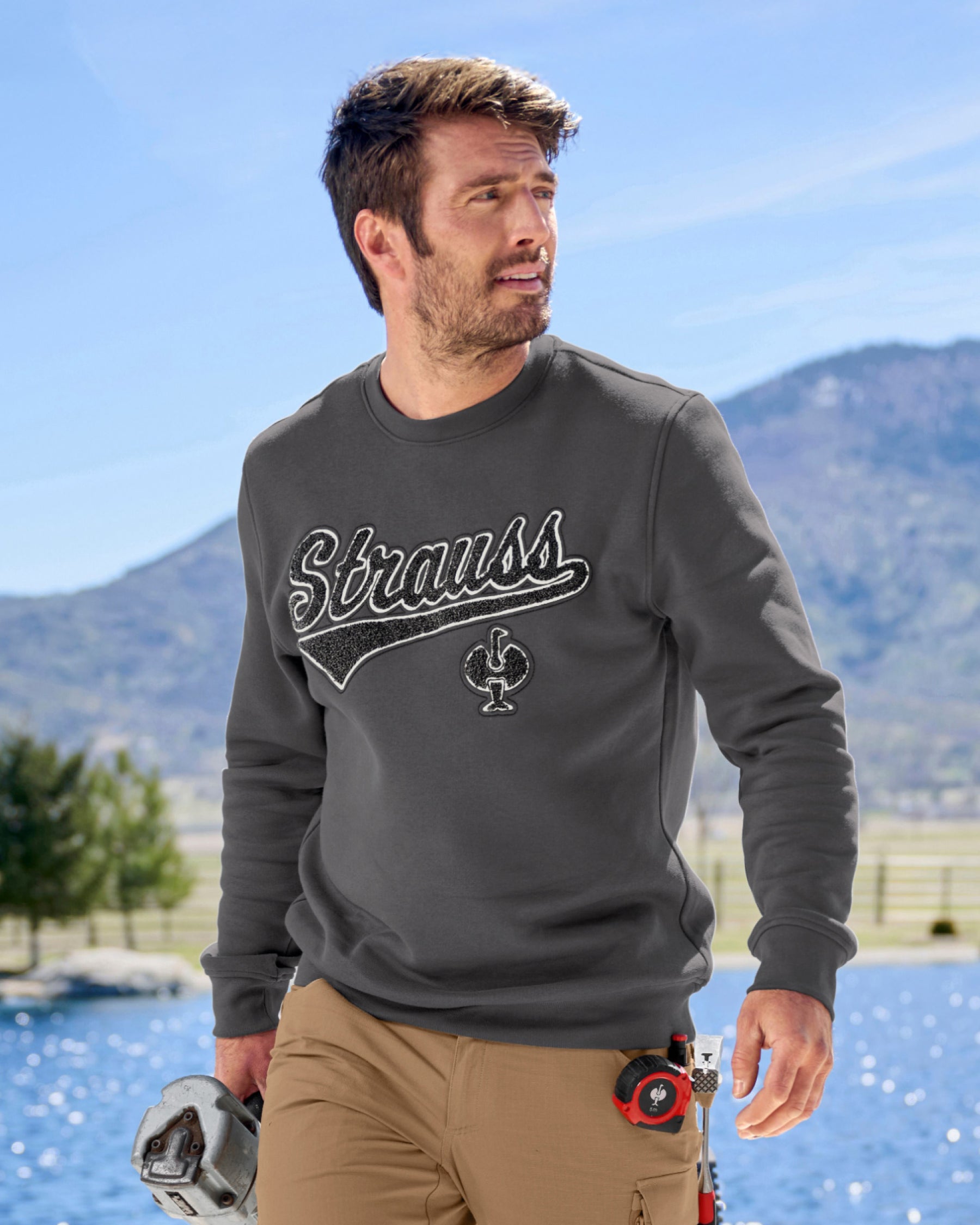 STRAUSS e.s.e:pic artwork crew neck sweatshirt in carbon gray, worn in lifestyle setting