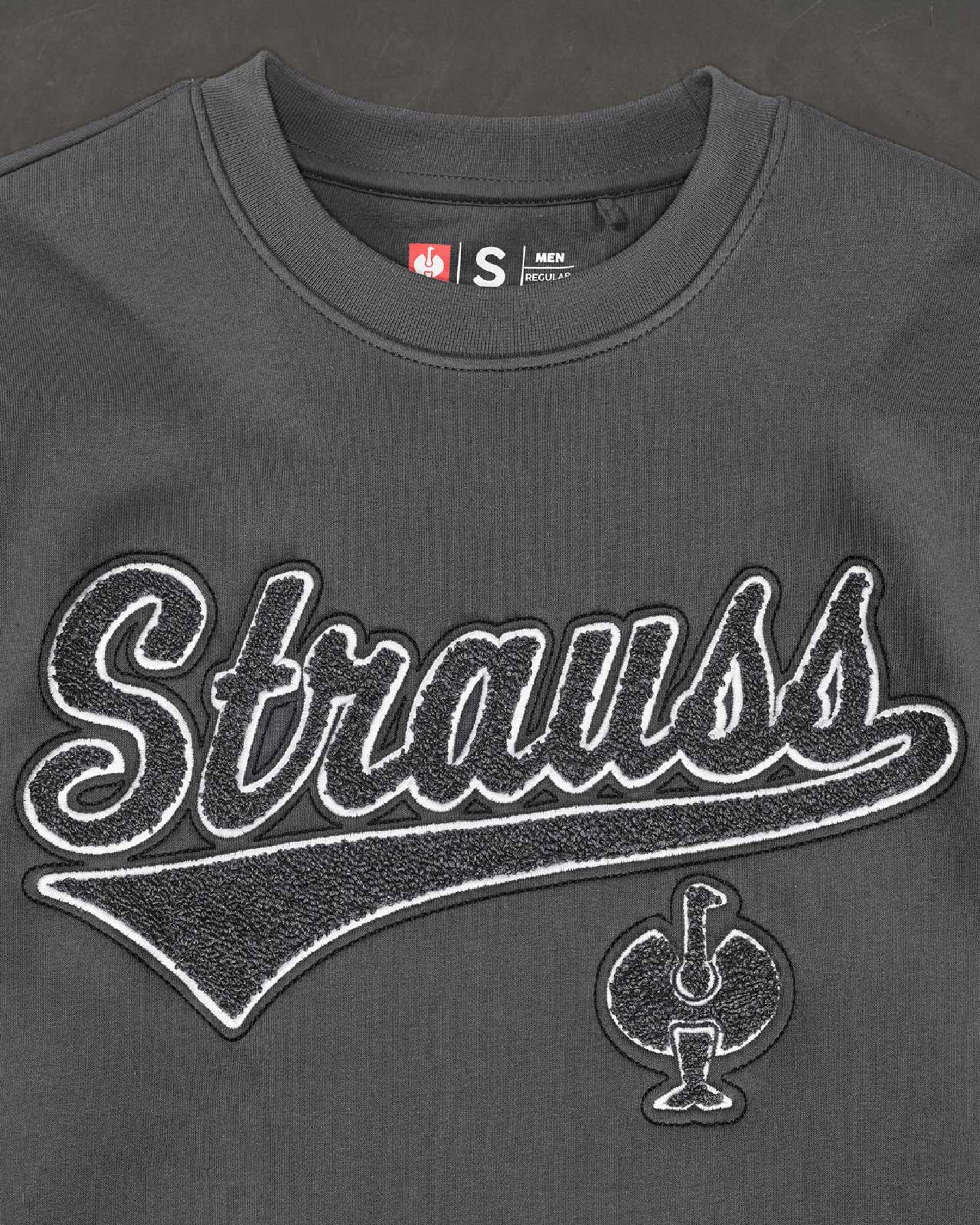 STRAUSS e.s.e:pic artwork crew neck sweatshirt in carbon gray, close-up of graphic artwork detail