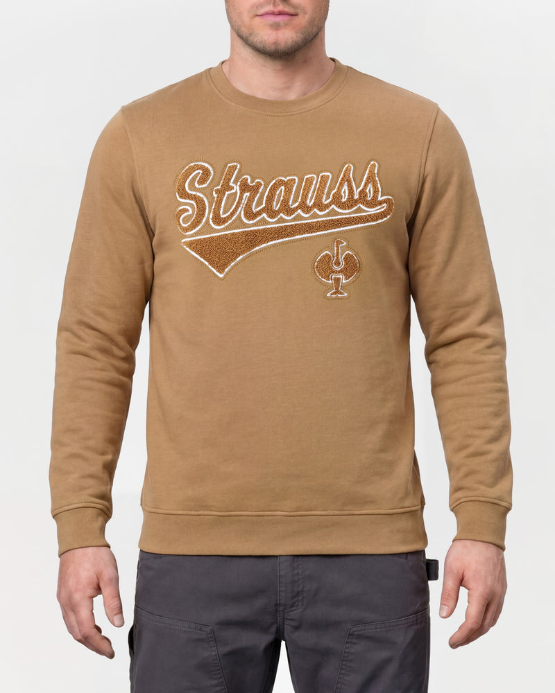 STRAUSS e.s.e:pic artwork crew neck sweatshirt in almond brown, worn by model, front view