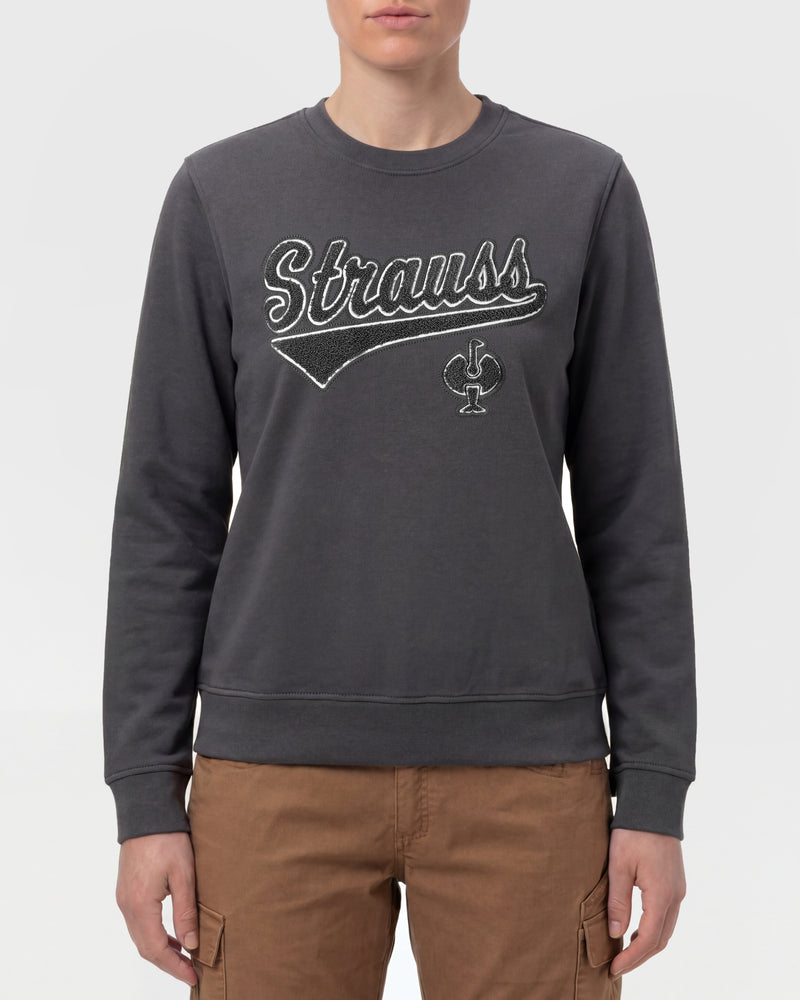 Women's STRAUSS e.s.e:pic artwork crew neck sweatshirt in carbon gray, worn by model, front view