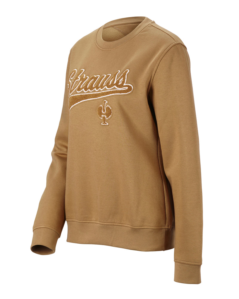 Women's STRAUSS e.s.e:pic artwork crew neck sweatshirt in almond brown, front view