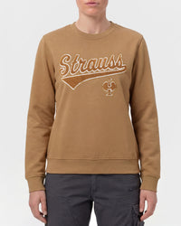 Women's STRAUSS e.s.e:pic artwork crew neck sweatshirt in almond brown, worn by model, front view