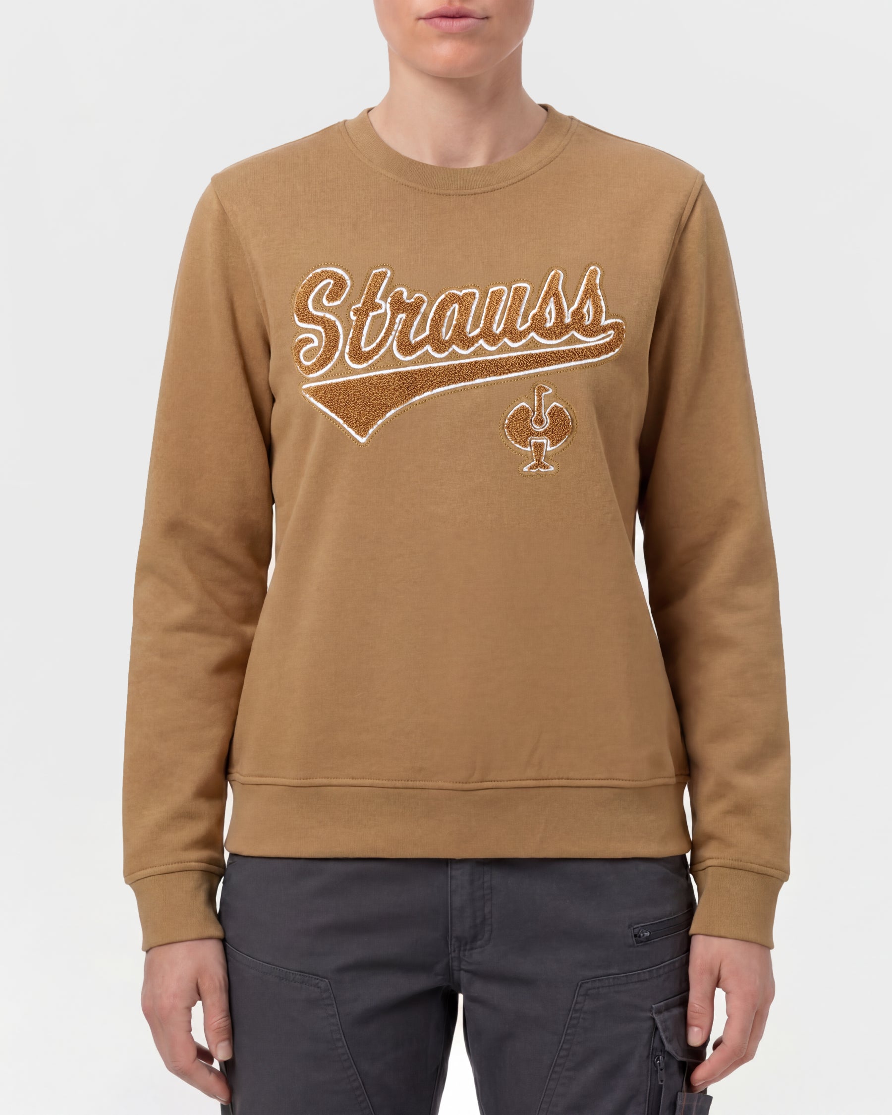 Women's STRAUSS e.s.e:pic artwork crew neck sweatshirt in almond brown, worn by model, front view