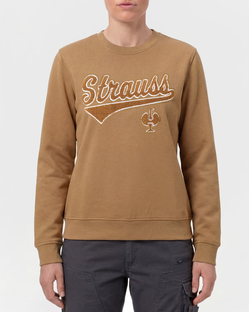 Women's STRAUSS e.s.e:pic artwork crew neck sweatshirt in almond brown, worn by model, front view
