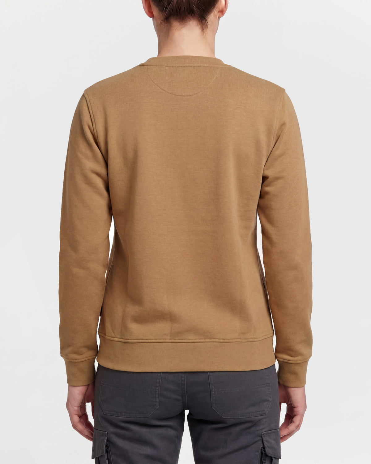 Women's STRAUSS e.s.e:pic artwork crew neck sweatshirt in almond brown, worn by model, back view