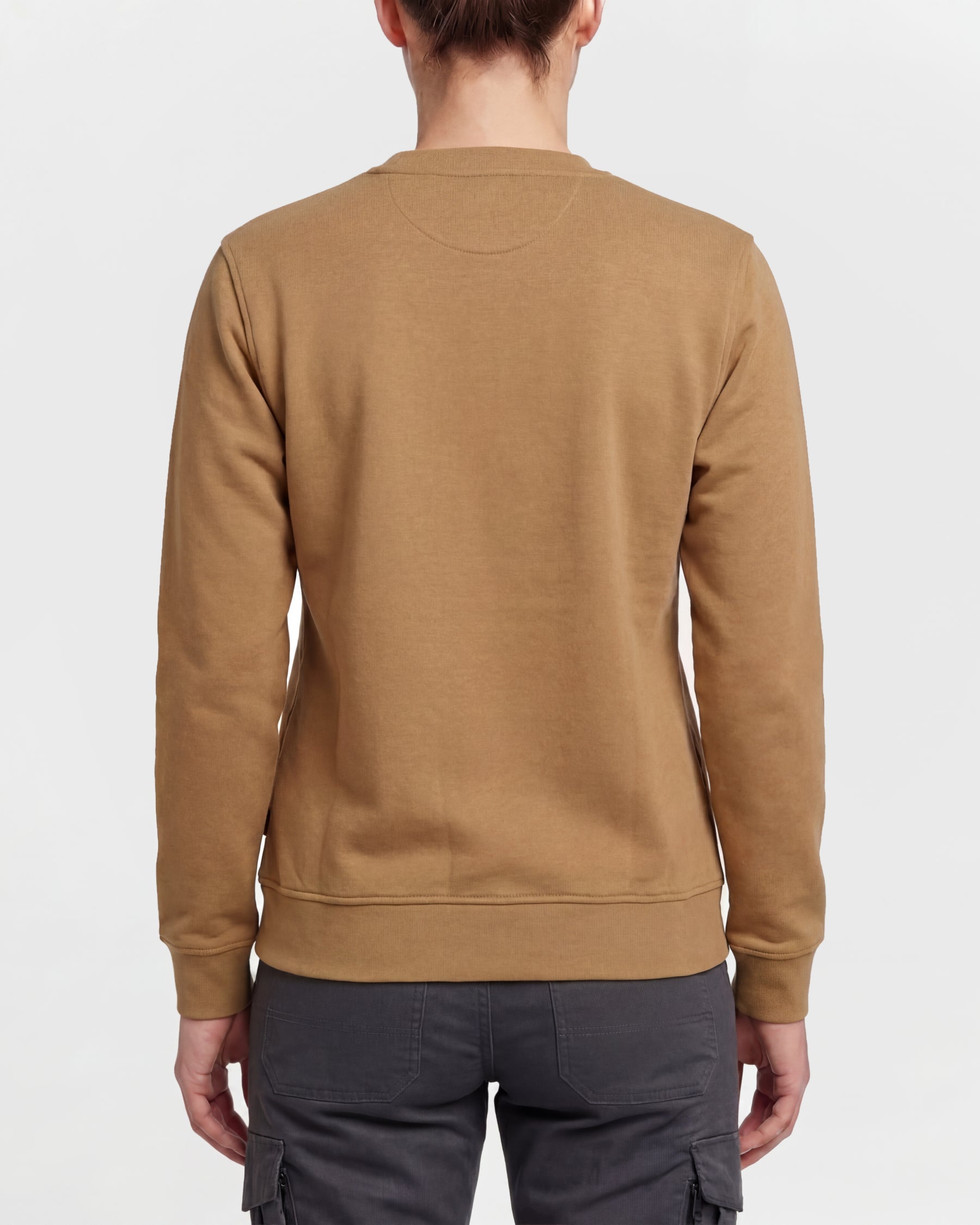 Women's STRAUSS e.s.e:pic artwork crew neck sweatshirt in almond brown, worn by model, back view