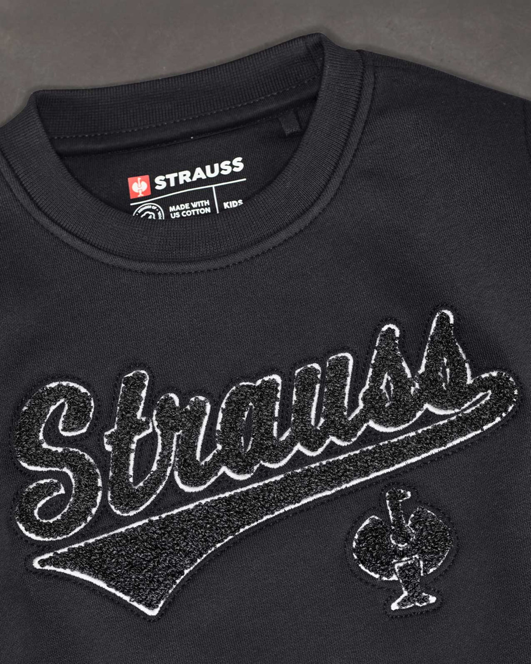 Kids' STRAUSS e.s.e:pic artwork crew neck sweatshirt in black, close-up of graphic artwork detail