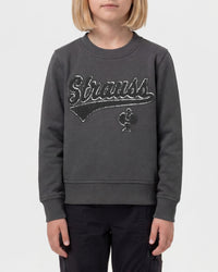 Kids' STRAUSS e.s.e:pic artwork crew neck sweatshirt in carbon gray, worn by model, front view