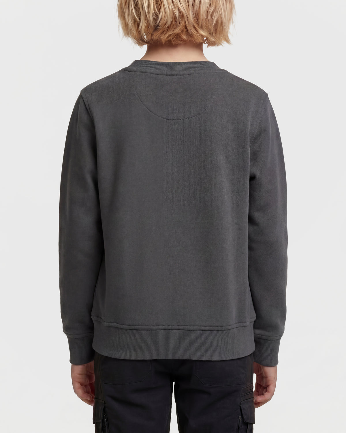 Kids' STRAUSS e.s.e:pic artwork crew neck sweatshirt in carbon gray, worn by model, back view