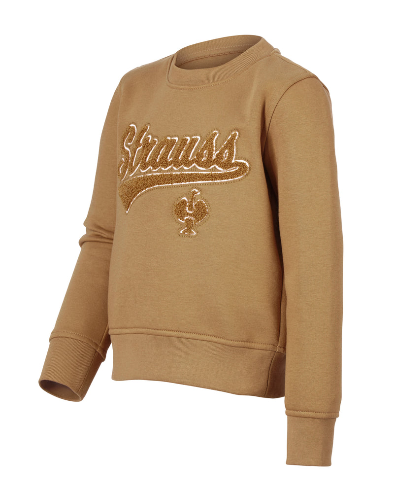 Kids' STRAUSS e.s.e:pic artwork crew neck sweatshirt in almond brown, front view