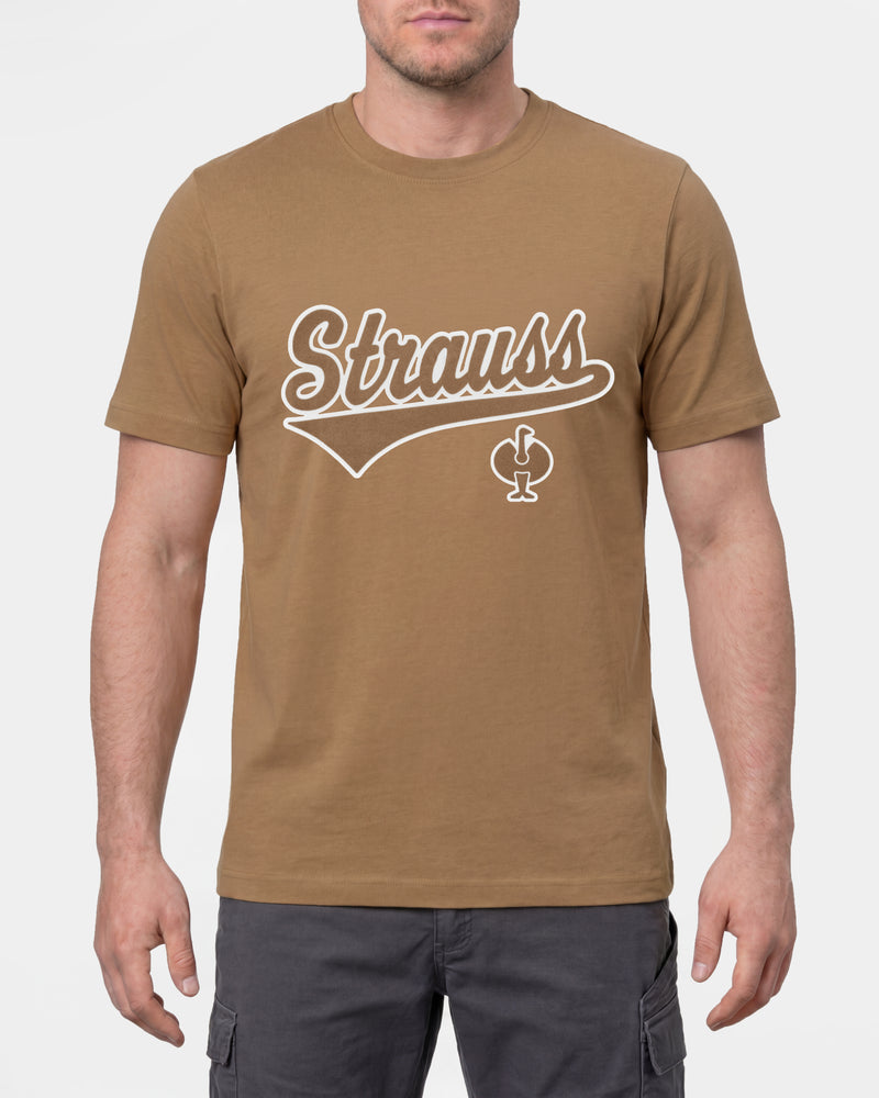 A model wears the STRAUSS Artwork T-Shirt e.s.e:pic in almond brown with work pants and work boots in a studio product scene