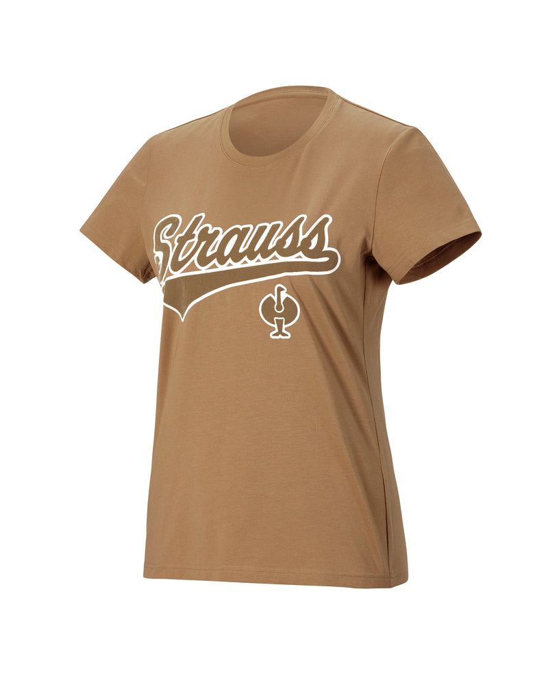 Women's STRAUSS Artwork T-Shirt e.s.e:pic in almond brown on a plain product background