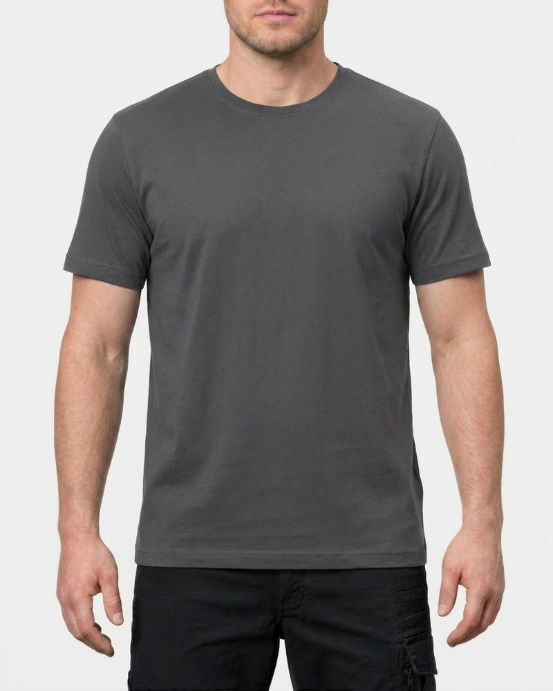 A model wears the STRAUSS Cotton Stretch T-Shirt in carbon gray with in a studio product scene