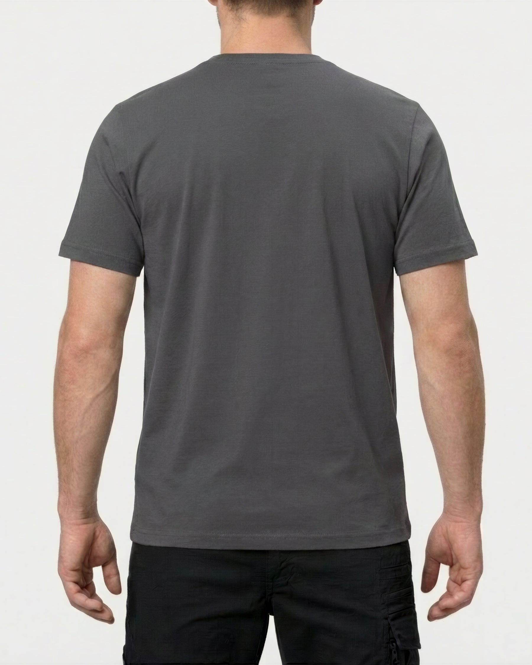 A model wears the STRAUSS Cotton Stretch T-Shirt in carbon gray, showing the shirt fit