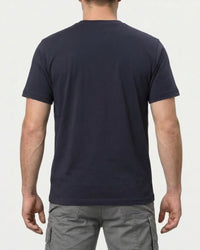 A model wears the STRAUSS Cotton Stretch T-Shirt in nero blue, showing the shirt fit