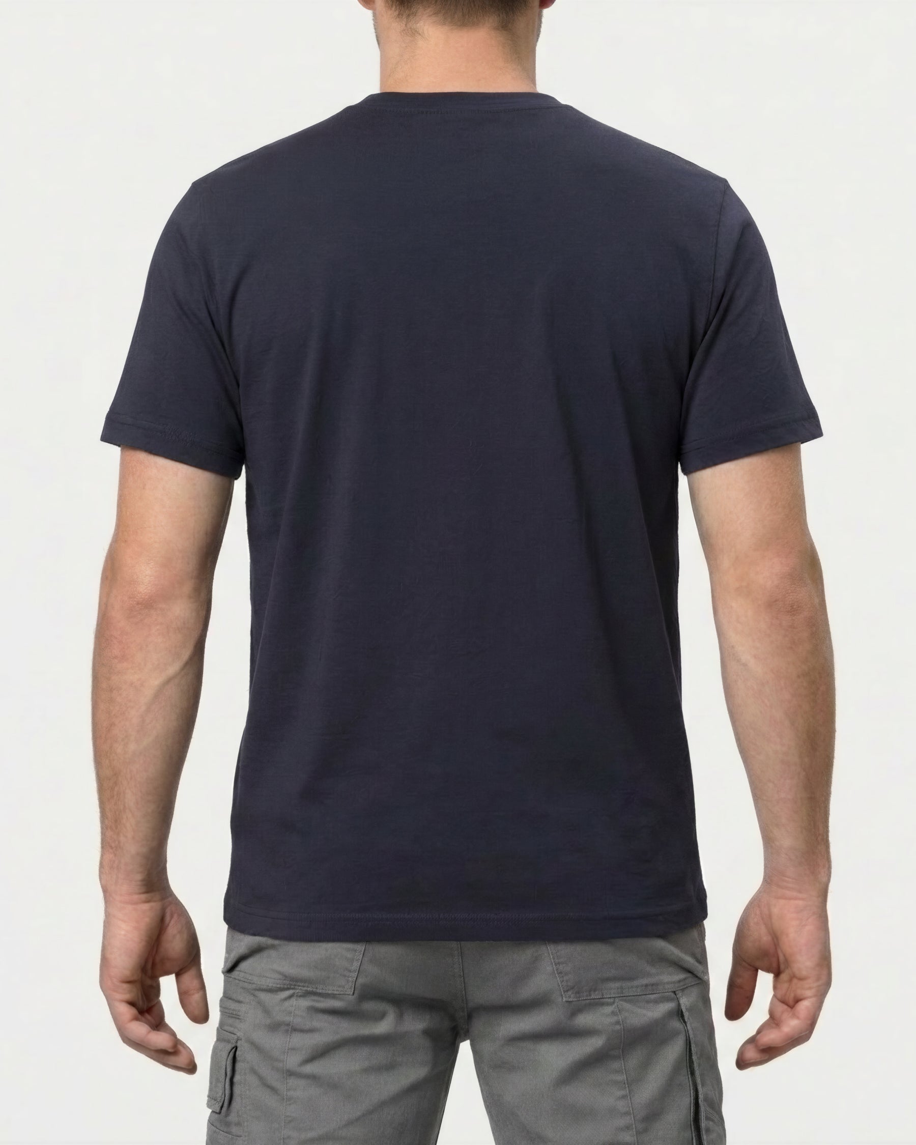 A model wears the STRAUSS Cotton Stretch T-Shirt in nero blue, showing the shirt fit
