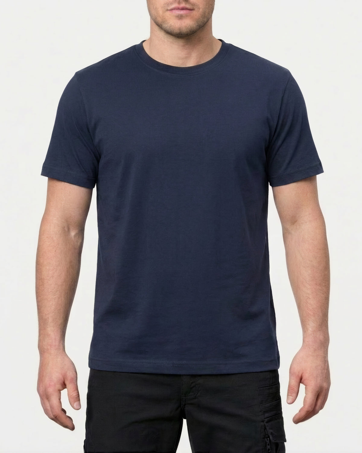 A model wears the STRAUSS Cotton Stretch T-Shirt in navy in a studio product scene