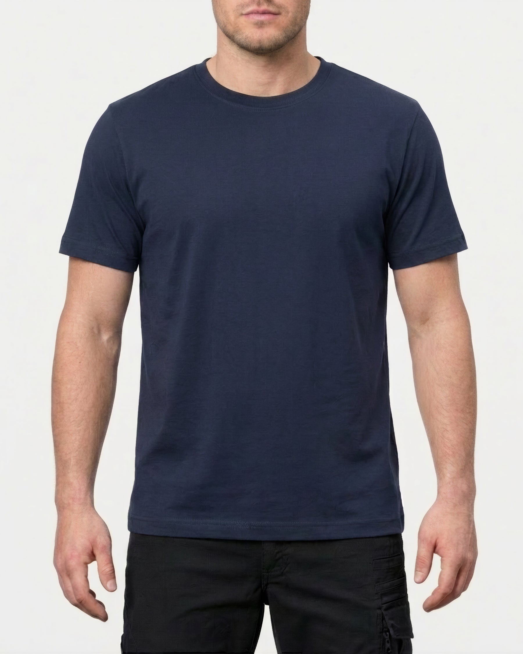 A model wears the STRAUSS Cotton Stretch T-Shirt in navy in a studio product scene