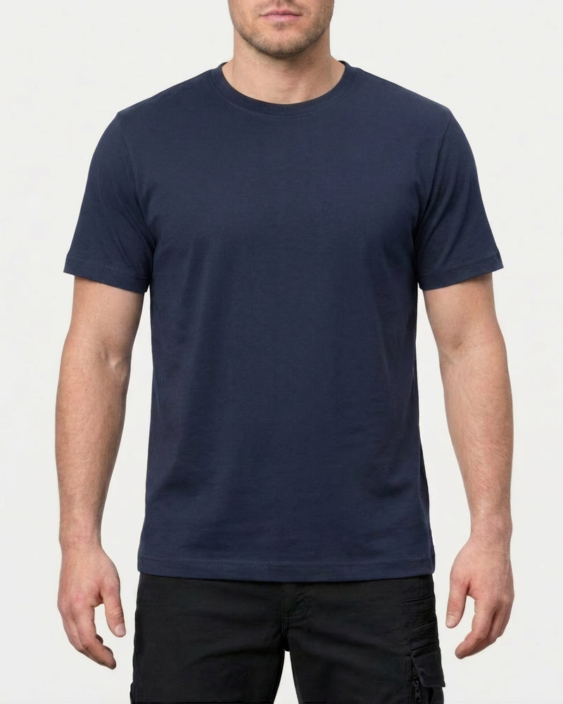 A model wears the STRAUSS Cotton Stretch T-Shirt in navy in a studio product scene