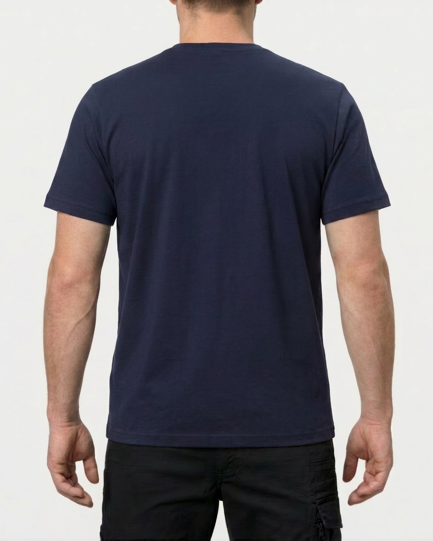 A model wears the STRAUSS Cotton Stretch T-Shirt in navy, showing the shirt fit